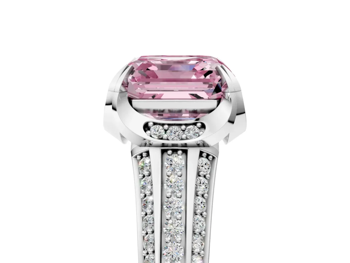 Fancy Pink Asscher Cut Solitaire Pave Split Shank Ring with Four-Prong Setting Platinum