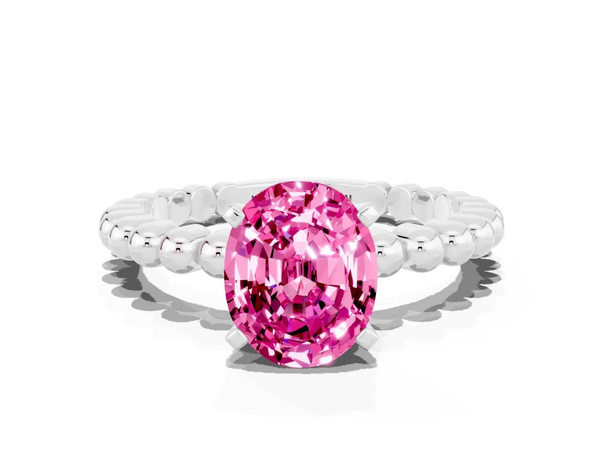 Oval Cut Pink Sapphire Solitaire Ring with Beaded Band and Prong Setting Silver