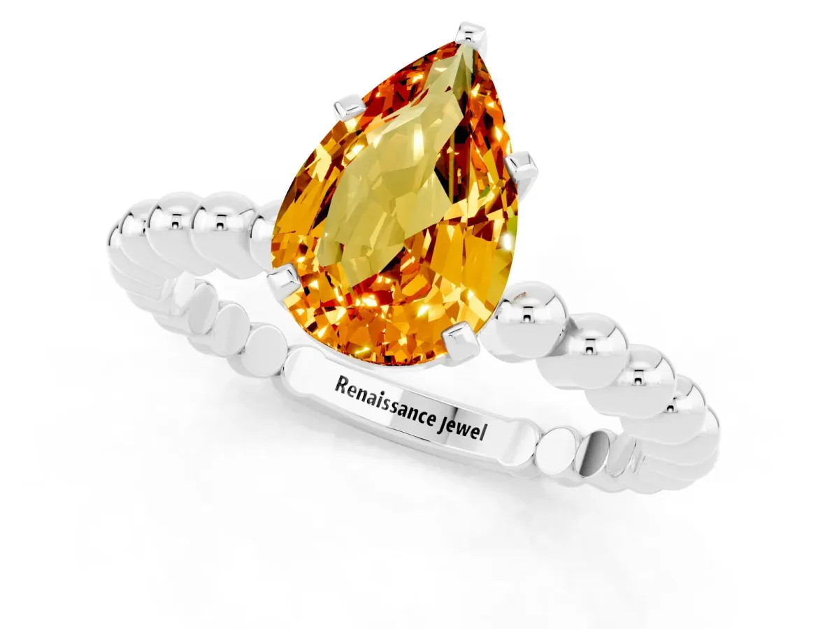 Pear Cut Citrine Solitaire Ring with Beaded Band and Prong Setting White gold
