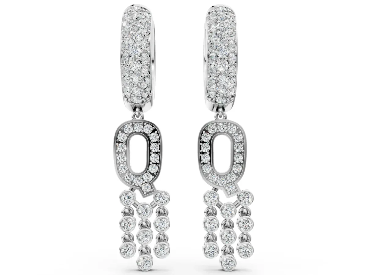 Round Diamond Initial Q Huggie Hoop Earrings Silver