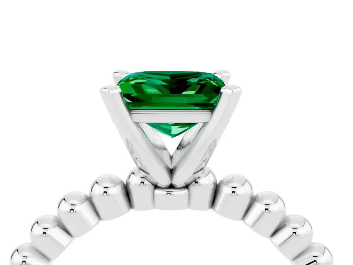 Princess Cut Emerald Solitaire Ring with Beaded Band and Prong Setting Silver