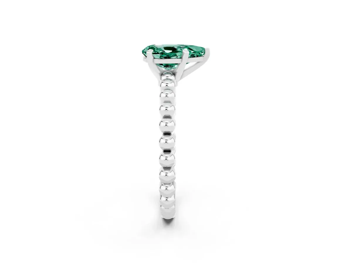 Pear Cut Green Sapphire Solitaire Ring with Beaded Band and Prong Setting Platinum