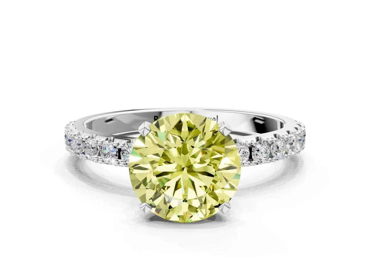 Fancy Yellow Round Cut Diamond Solitaire Pavé Band with Four-Prong Setting Silver