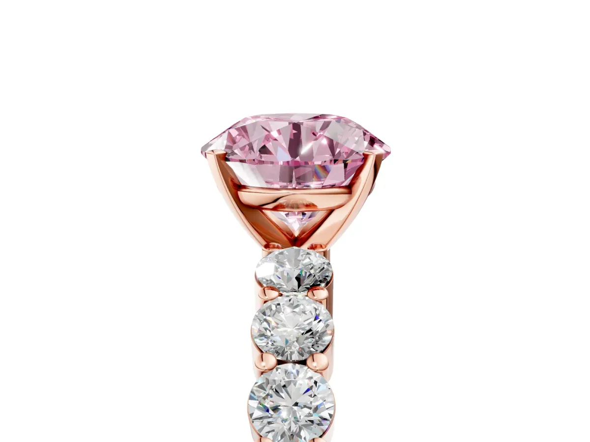 Fancy Pink Round Cut Diamond Solitaire Ring with Shared Prong Round Side Stones Rose gold