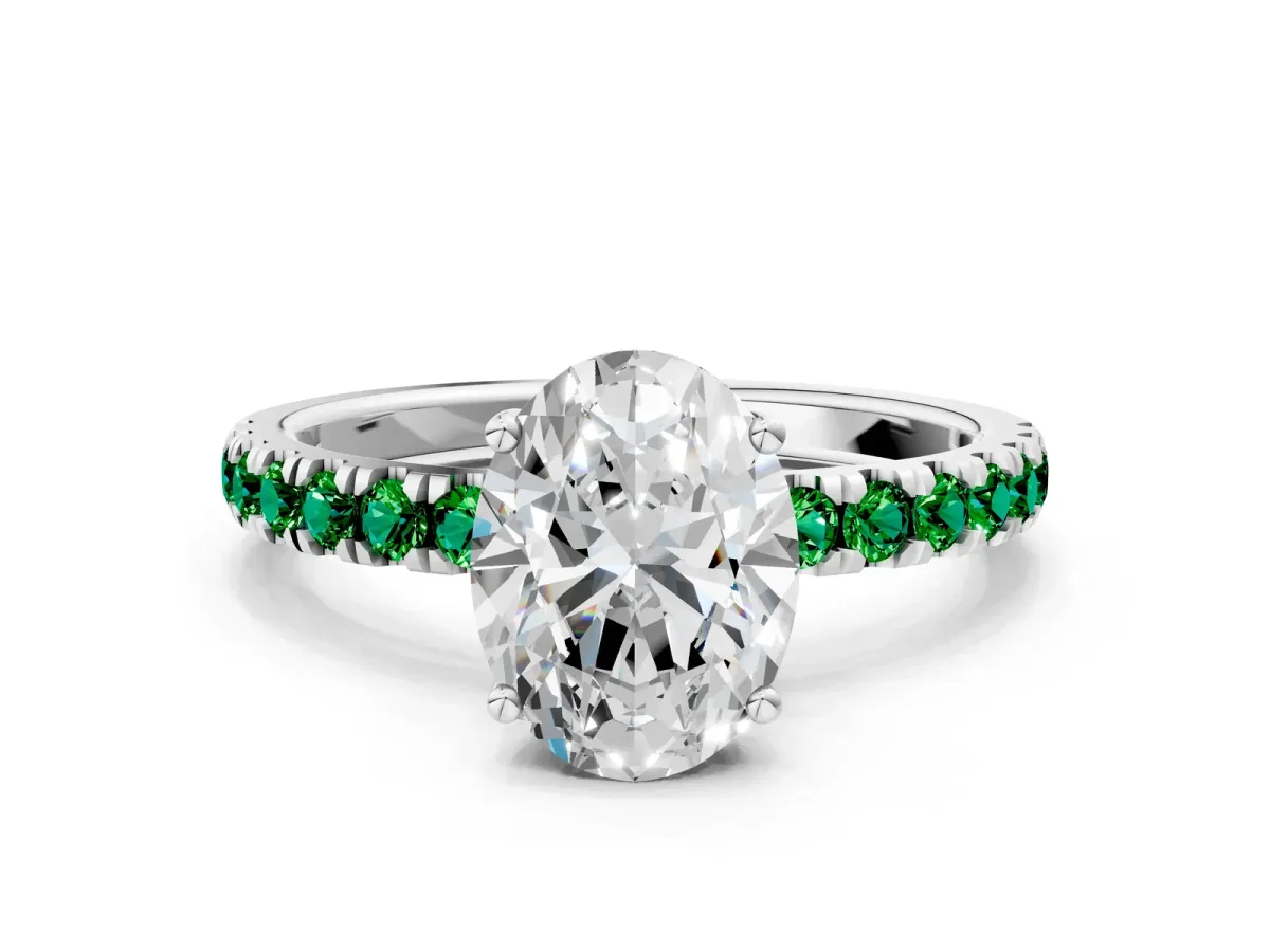 Oval Cut Diamond Pave Band Solitaire Ring with Round Emerald and Prong Setting Silver