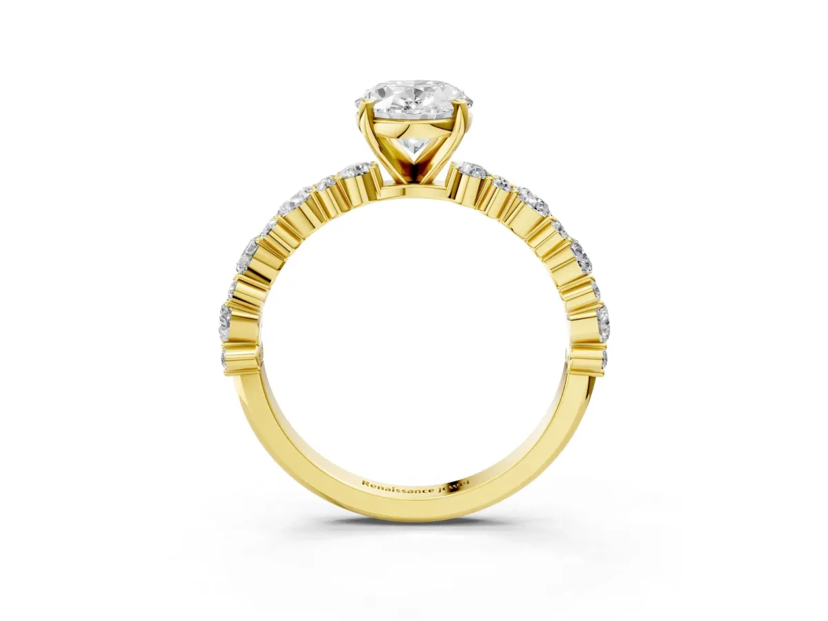 Oval Cut Diamond Side Stone Solitaire Ring with Round and Four-Prong Setting Yellow gold