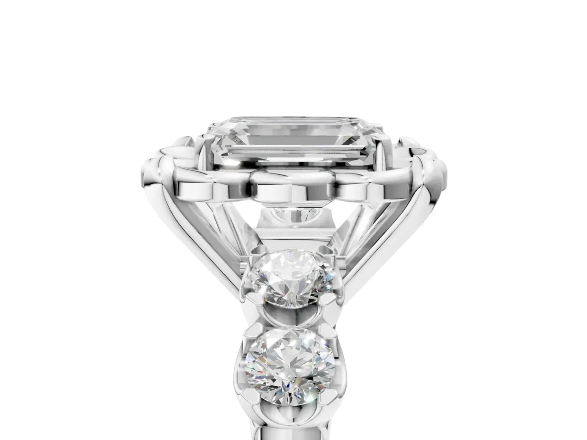 Emerald Cut Cut Diamond Floral Halo Engagement Ring with Shared Prong Setting Silver