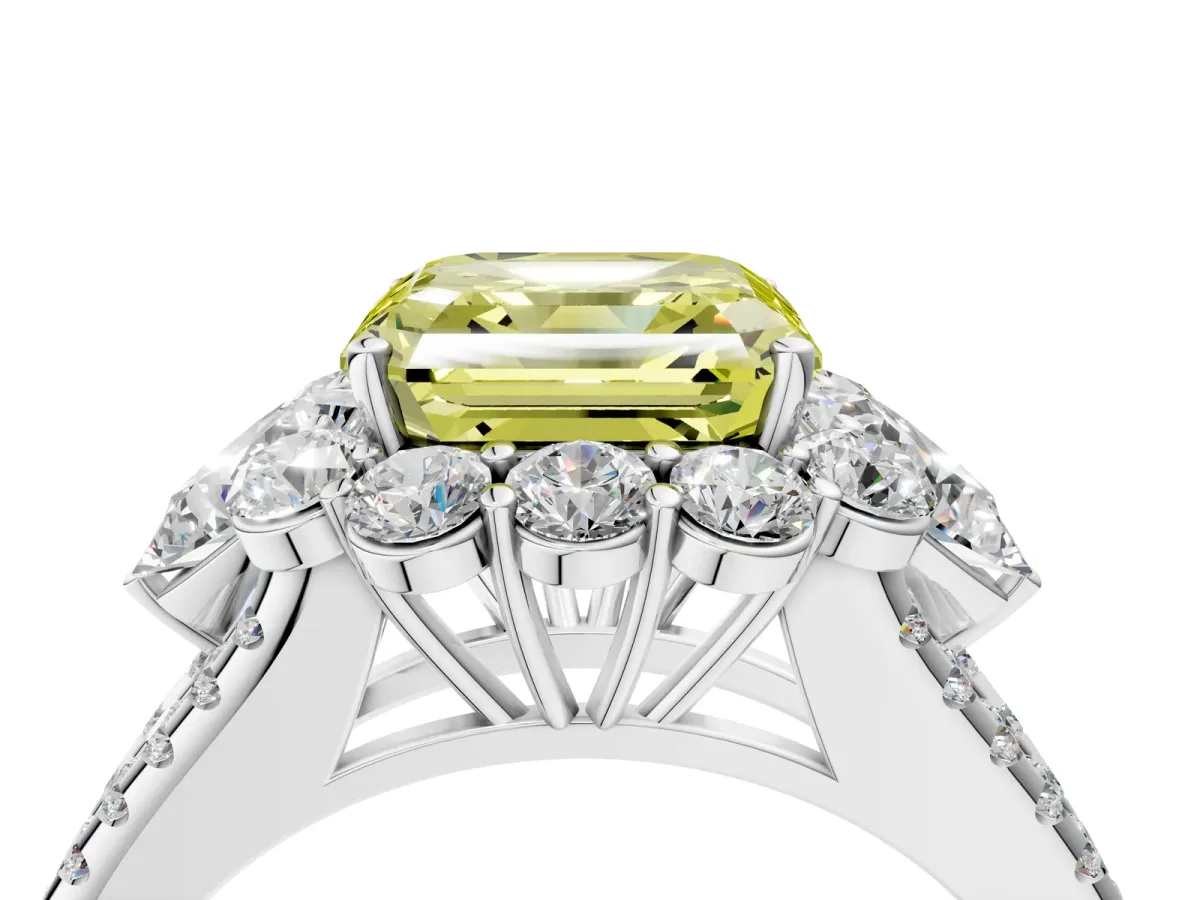 Fancy Yellow Asscher Cut Halo Split Shank Diamond Engagement Ring with Prong Setting Platinum