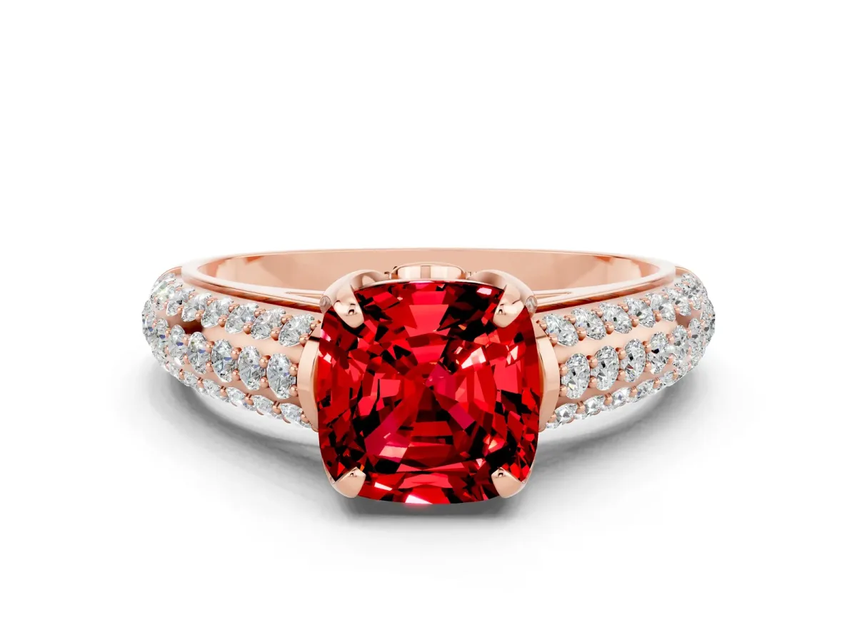 Cushion Cut Ruby Solitaire Ring with Three-Row Pavé Band and Four-Prong Setting Rose gold