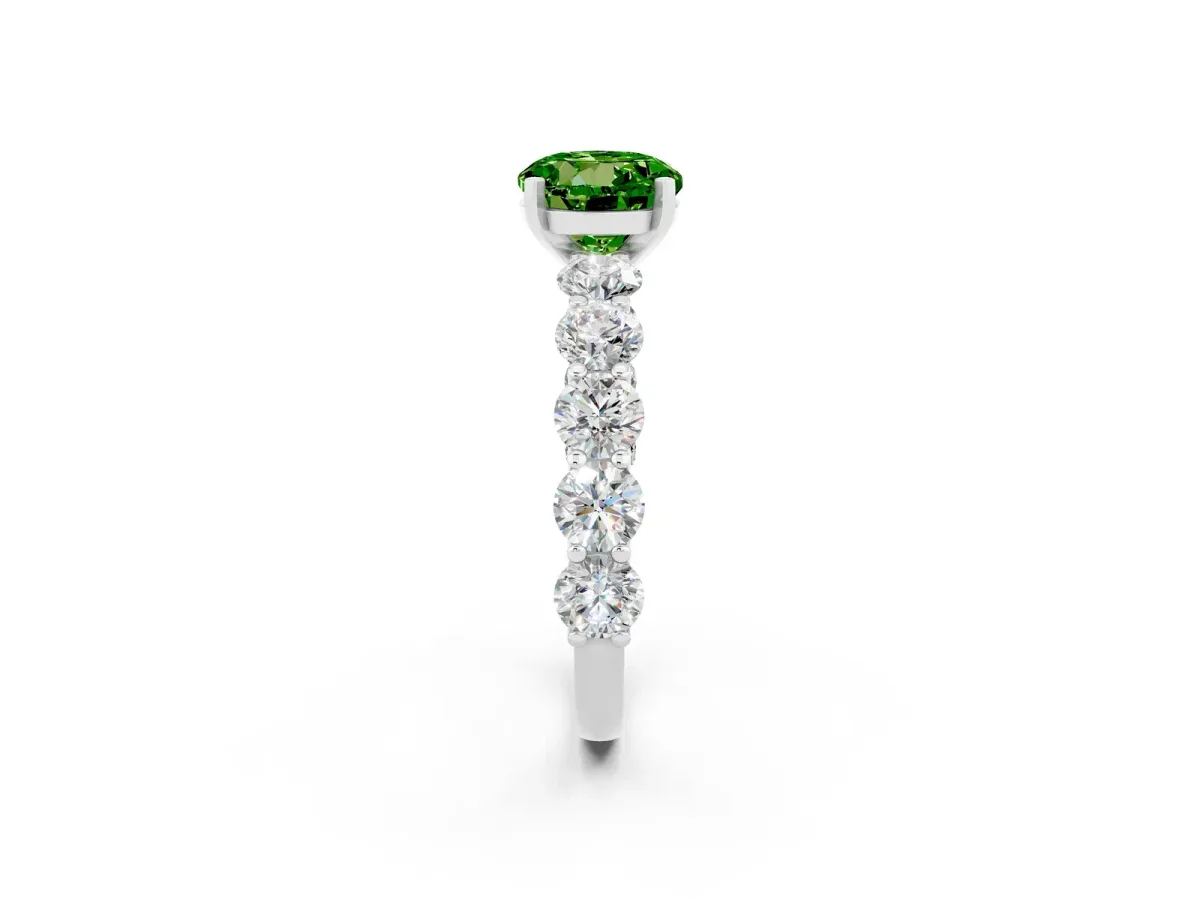 Round Cut Peridot Prong Setting with Side Stones on a Pave Band White gold