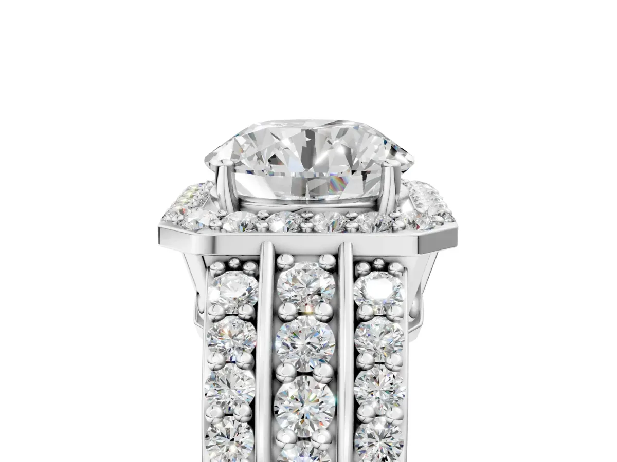 Round Cut Halo Diamond Ring with Round Split Shank and Prong Setting White gold
