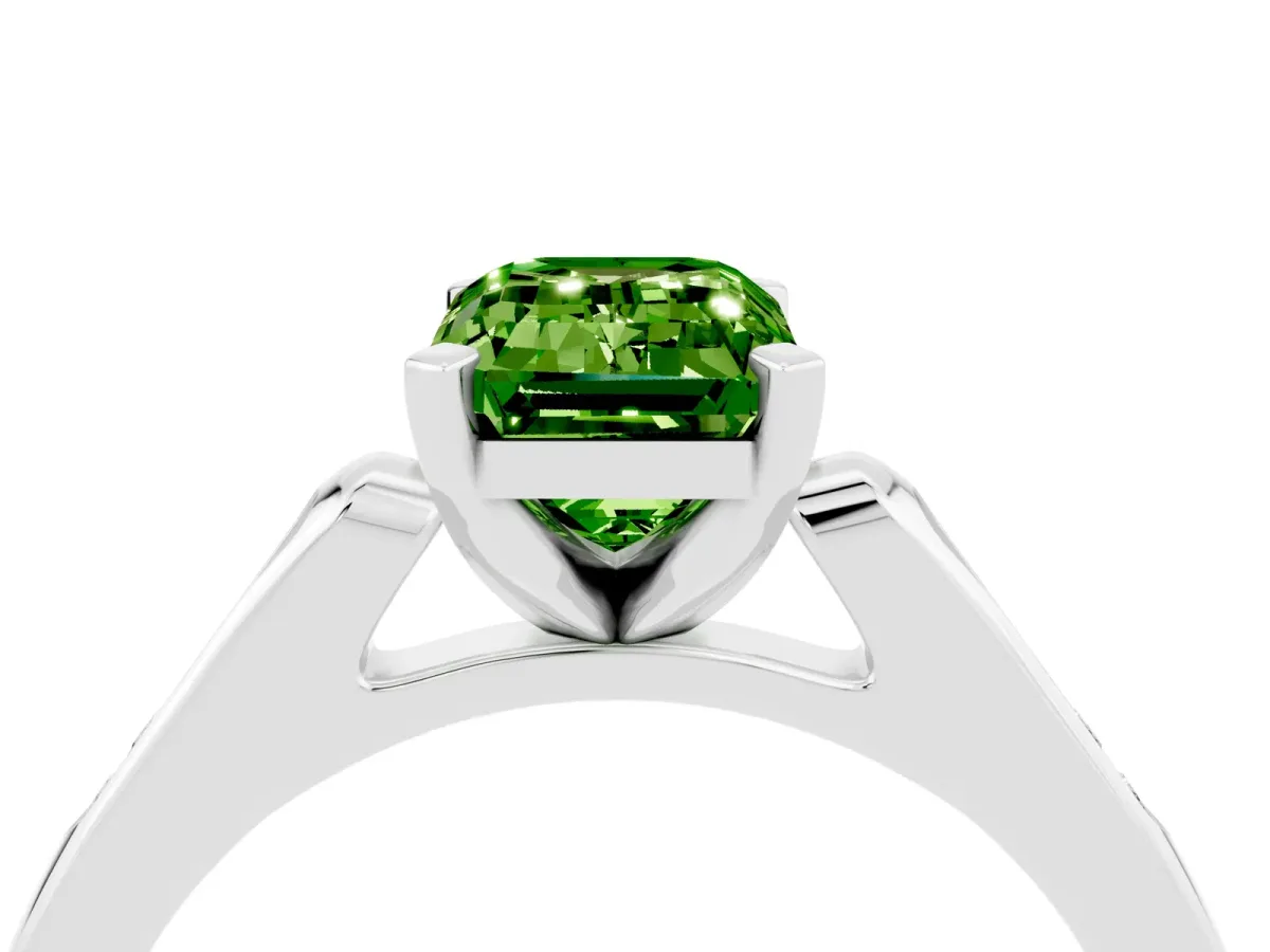 Emerald Cut Peridot Solitaire Ring with Channel Set Round Band and Prong Setting Silver