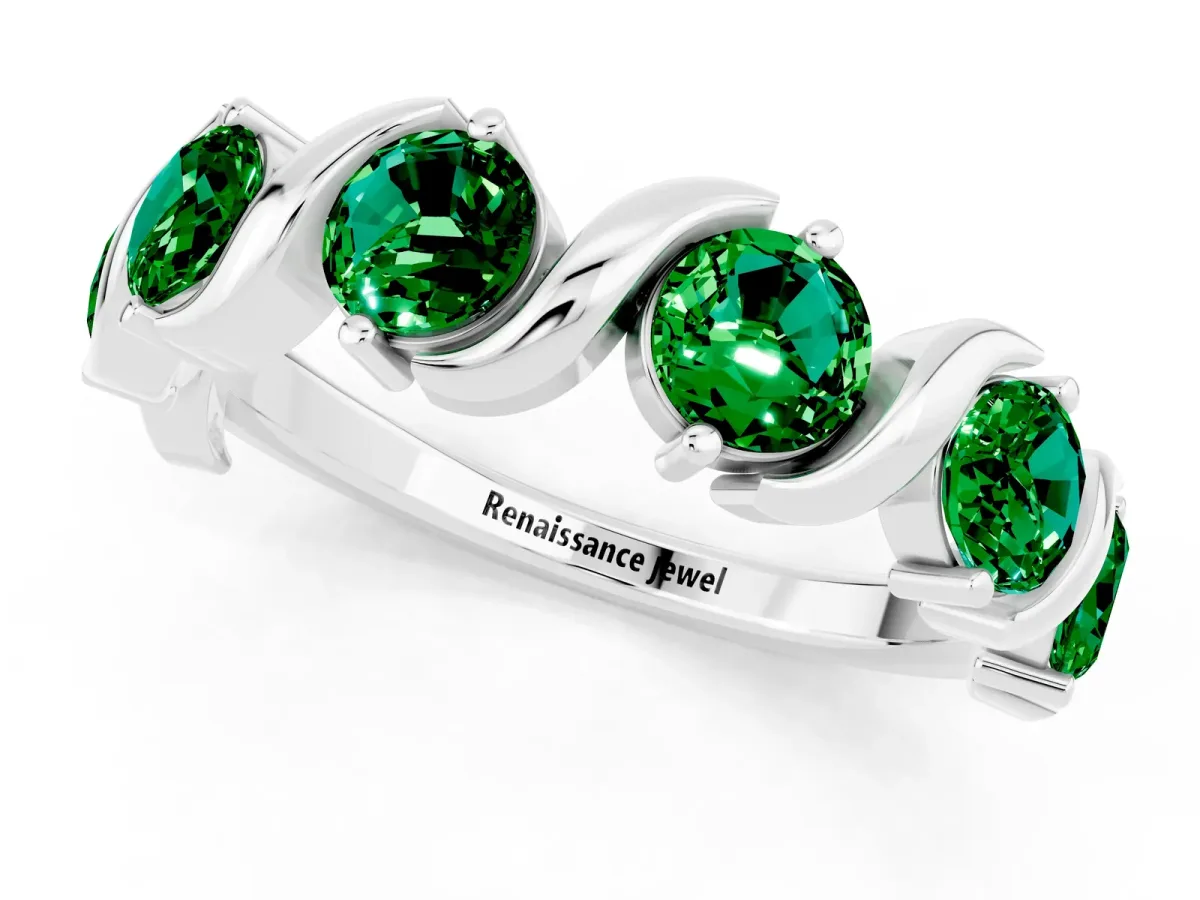 Six-Stone Round Emerald Wave Band with Shared Prong Setting Silver