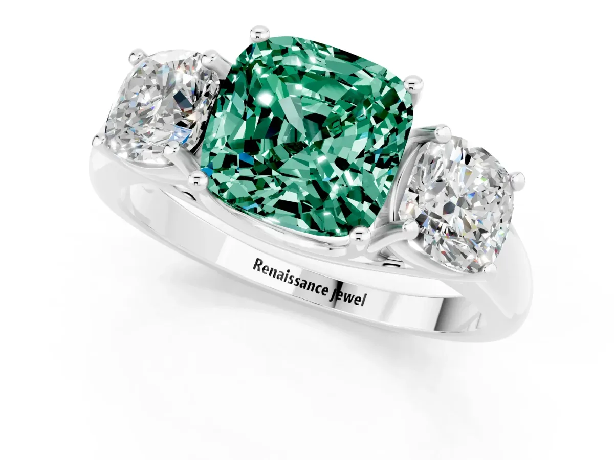 Three-Stone Cushion Cut Green Sapphire Engagement Ring with Prong Setting White gold