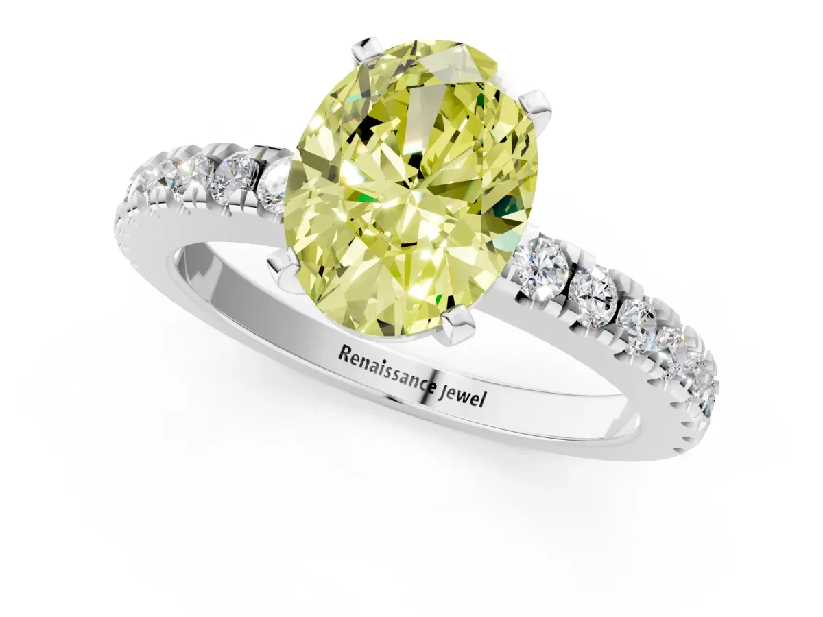 Fancy Yellow Oval Cut Solitaire Diamond with Pavé Band and Four-Prong Setting Silver