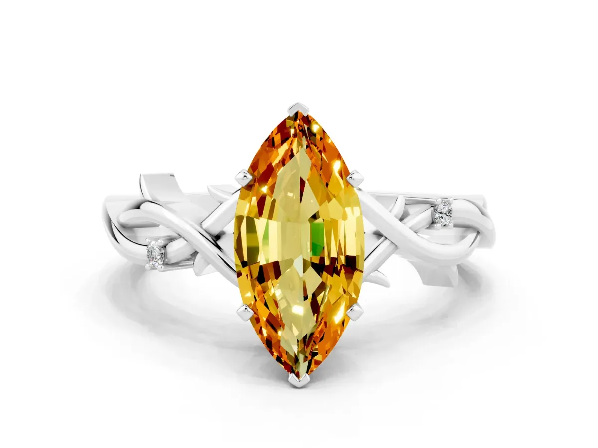 Marquise Cut Citrine Solitaire Ring with Twisted Band and Prong Setting Silver