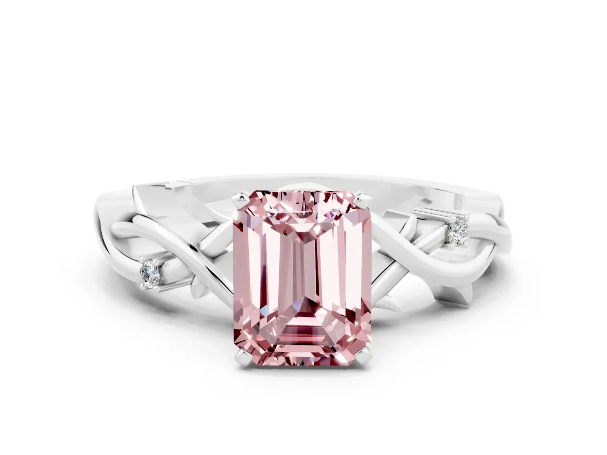 Emerald Cut Morganite Solitaire Ring with Twisted Band and Prong Setting Silver