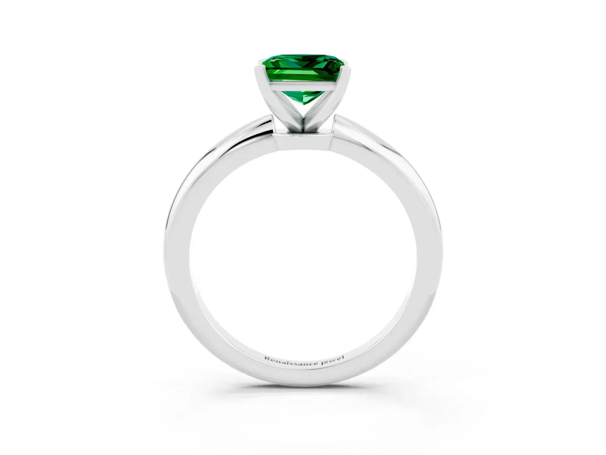 Princess Cut Emerald Solitaire Ring with Six-Prong Setting and Classic Band Silver