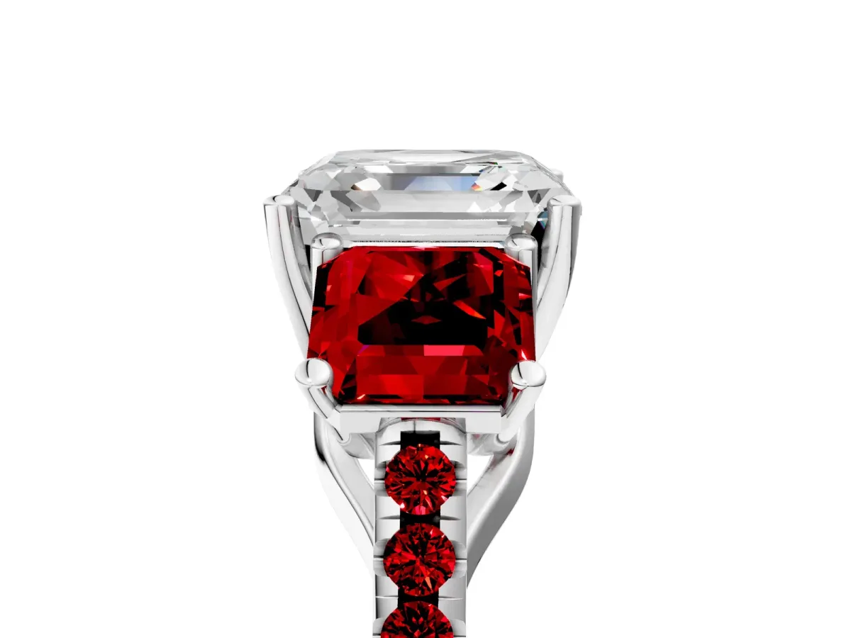 Three-Stone Asscher Cut Diamond Ring with Round Ruby Pavé Band and Prong Setting Platinum