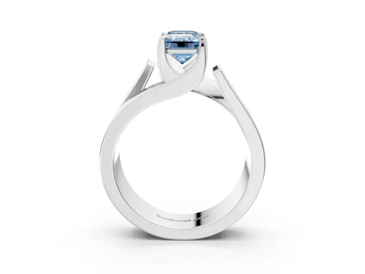 Fancy Blue Modern Tension Set Emerald Cut Diamond Solitaire Wide Band Ring Silver