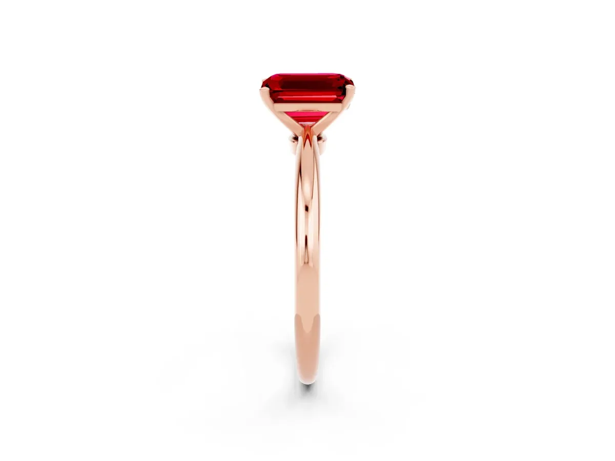 Emerald Cut Ruby Solitaire Ring with Six-Prong Setting and Classic Band Rose gold