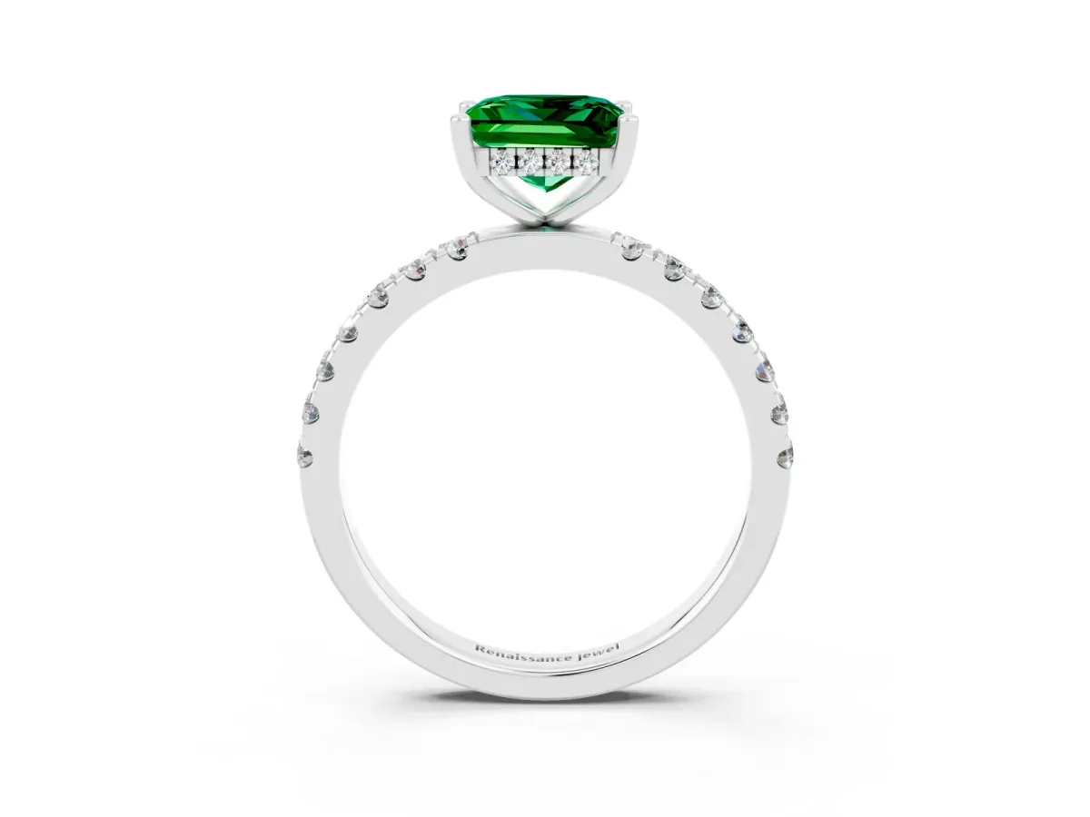 Princess Cut Emerald Pave Band Solitaire Ring with Round and Prong Setting Platinum