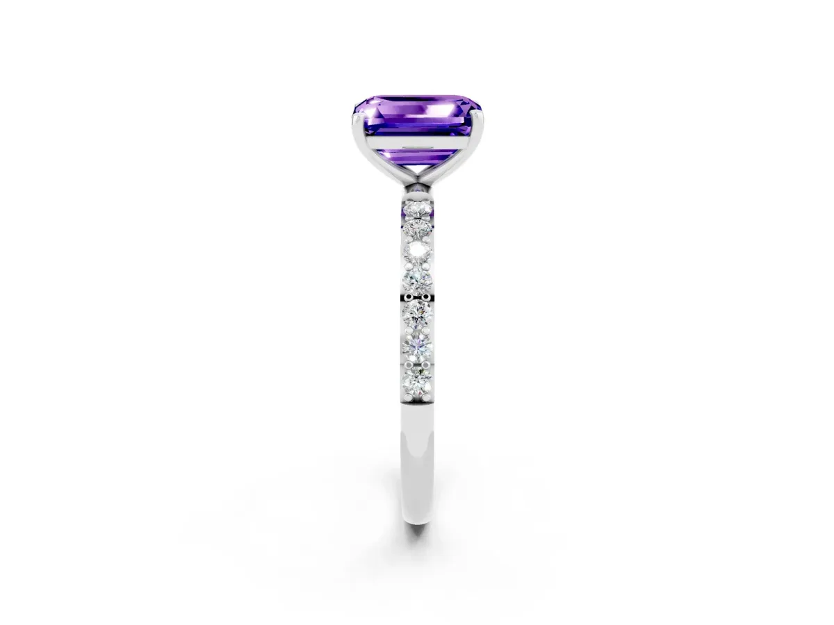 Emerald Cut Tanzanite Solitaire Ring with Round Pavé Band and Prong Setting Platinum