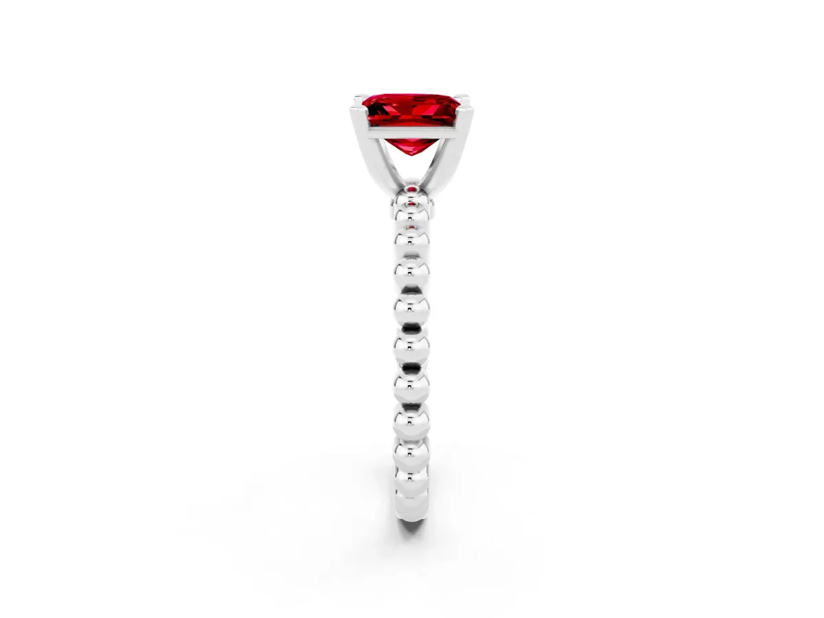 Princess Cut Ruby Solitaire Ring with Beaded Band and Prong Setting Platinum