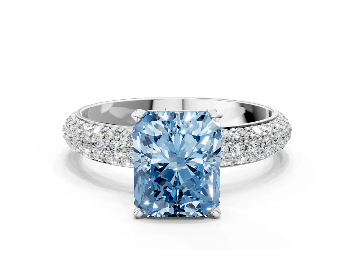 Fancy Blue Radiant Cut Diamond Solitaire Ring with Prong Setting and Pavé Band Platinum