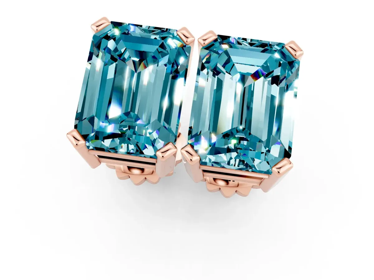 Emerald Cut Blue Topaz Stud Earrings Rose gold