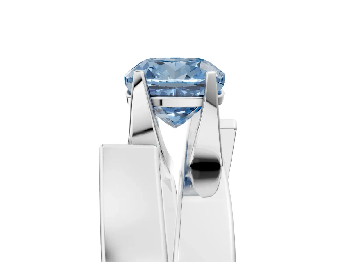 Fancy Blue Modern Tension Set Cushion Cut Diamond Solitaire Wide Band Ring Silver