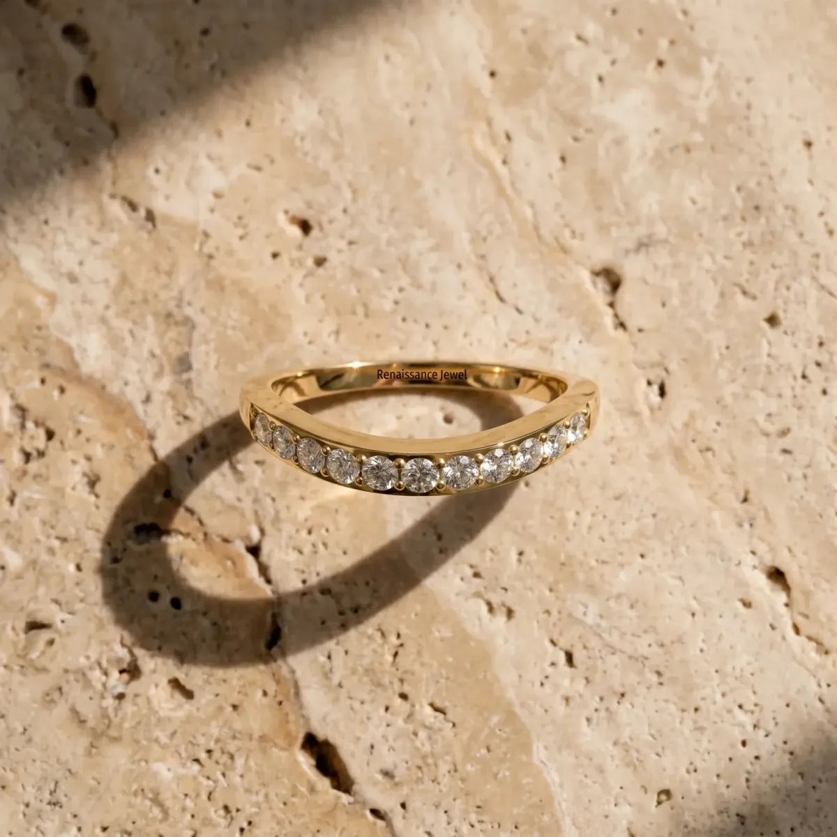 Round Diamond Curved Wedding Band with Channel Setting Yellow gold