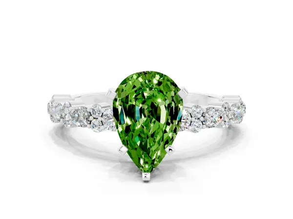 Pear Cut Peridot Side Stone Solitaire Ring with Round and Four-Prong Setting White gold