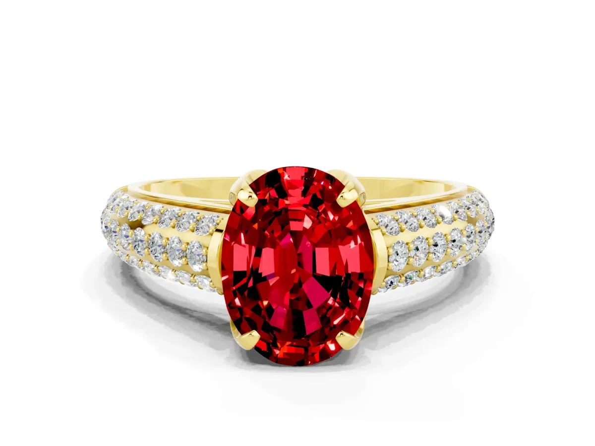 Oval Cut Ruby Solitaire Ring with Three-Row Pavé Band and Four-Prong Setting Yellow gold