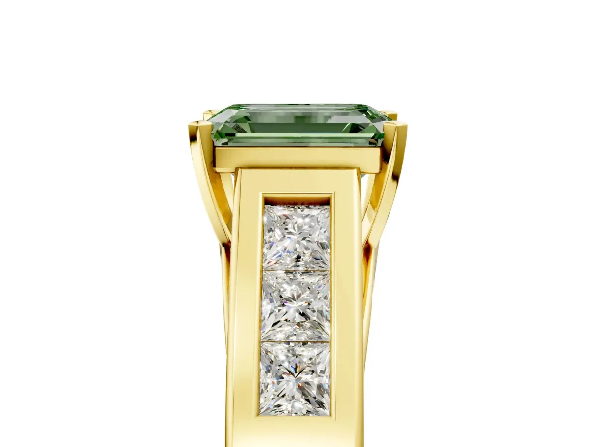 Fancy Green Emerald Cut Cut Channel Set Solitaire Ring with Four-Prong Setting Yellow gold