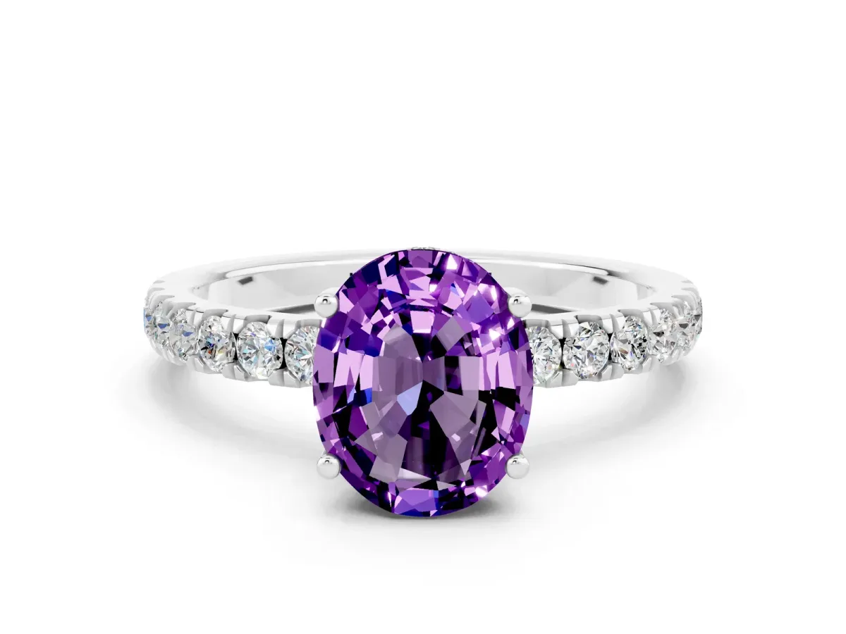 Oval Cut Amethyst Pave Band Solitaire Ring with Round and Prong Setting Platinum