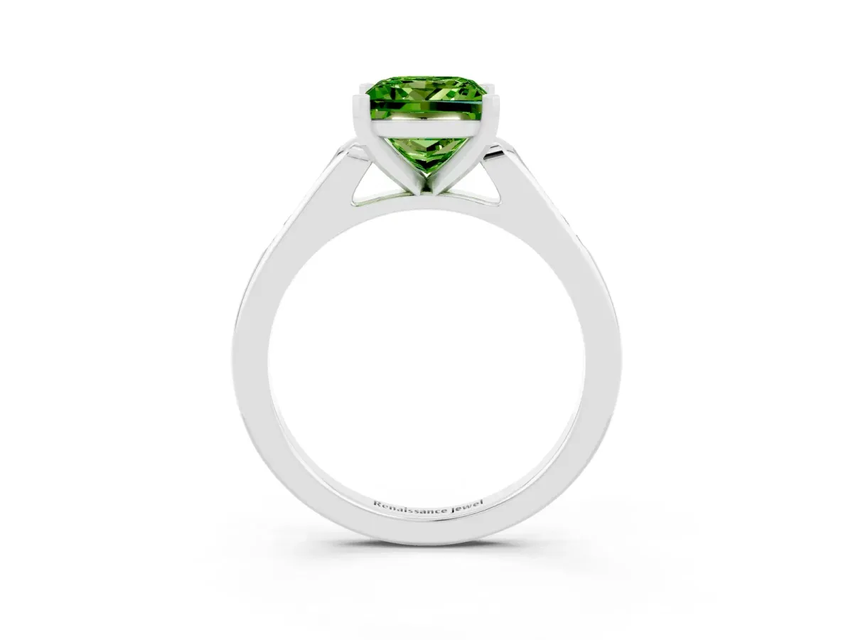 Princess Cut Peridot Solitaire Ring with Channel Set Round Band and Prong Setting Silver