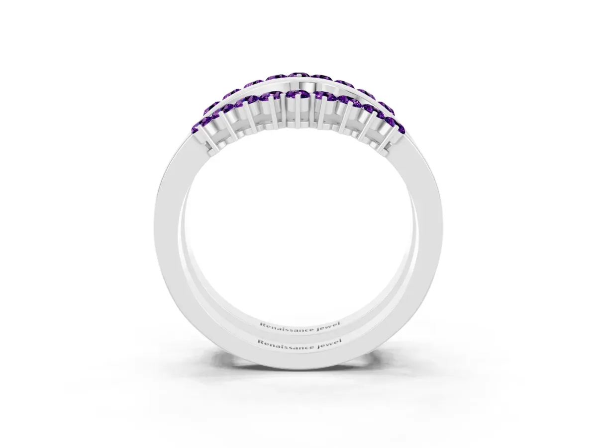Round Amethyst Chevron Contour Band with Prong Setting Silver