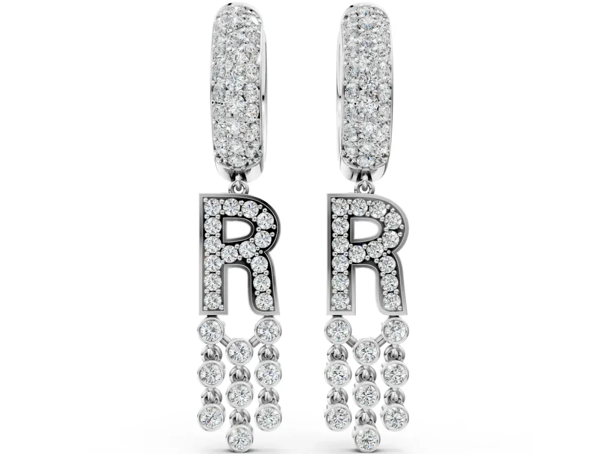 Round Diamond Initial R Huggie Hoop Earrings White gold