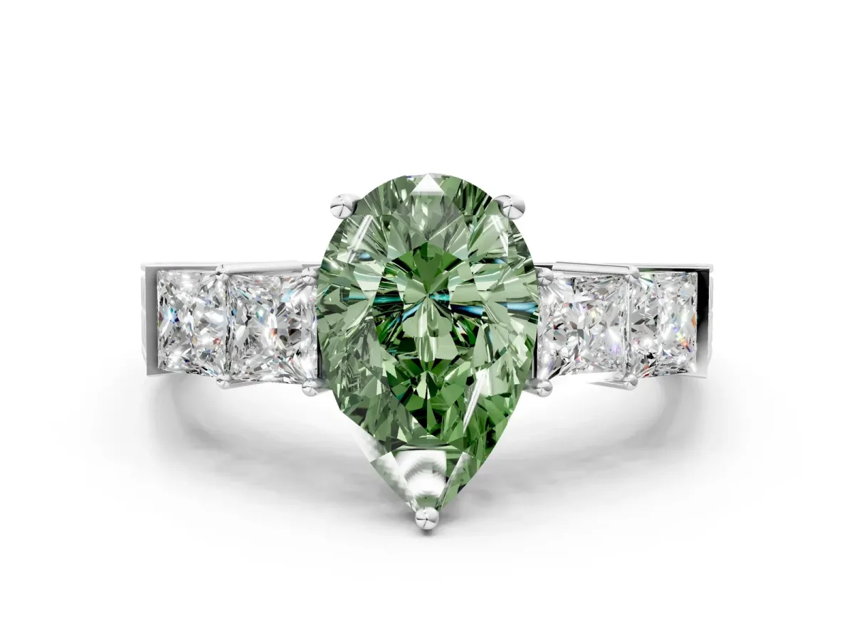 Fancy Green Pear Cut Solitaire Princess Side Stone Engraved Band Prong Setting Ring Platinum