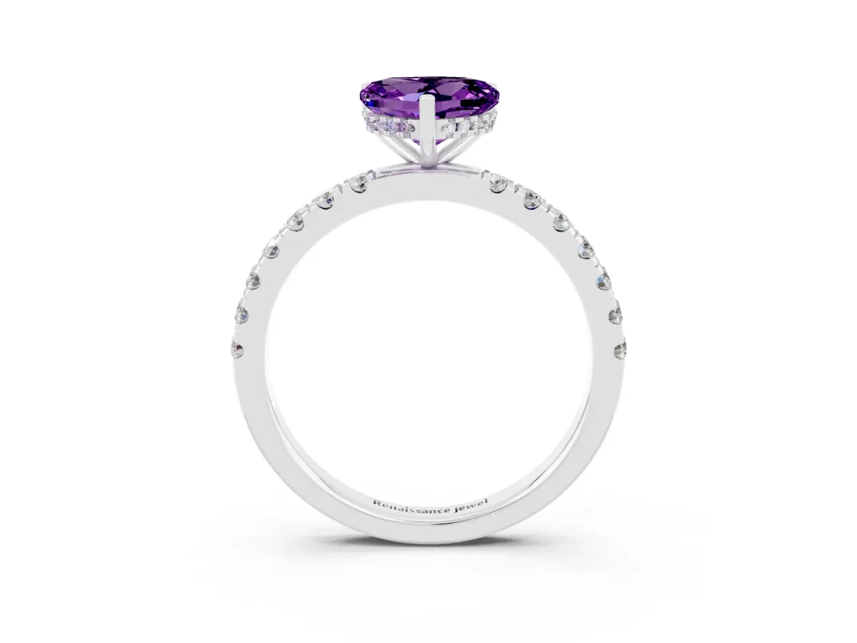 Heart Cut Amethyst Pave Band Solitaire Ring with Round and Prong Setting Platinum