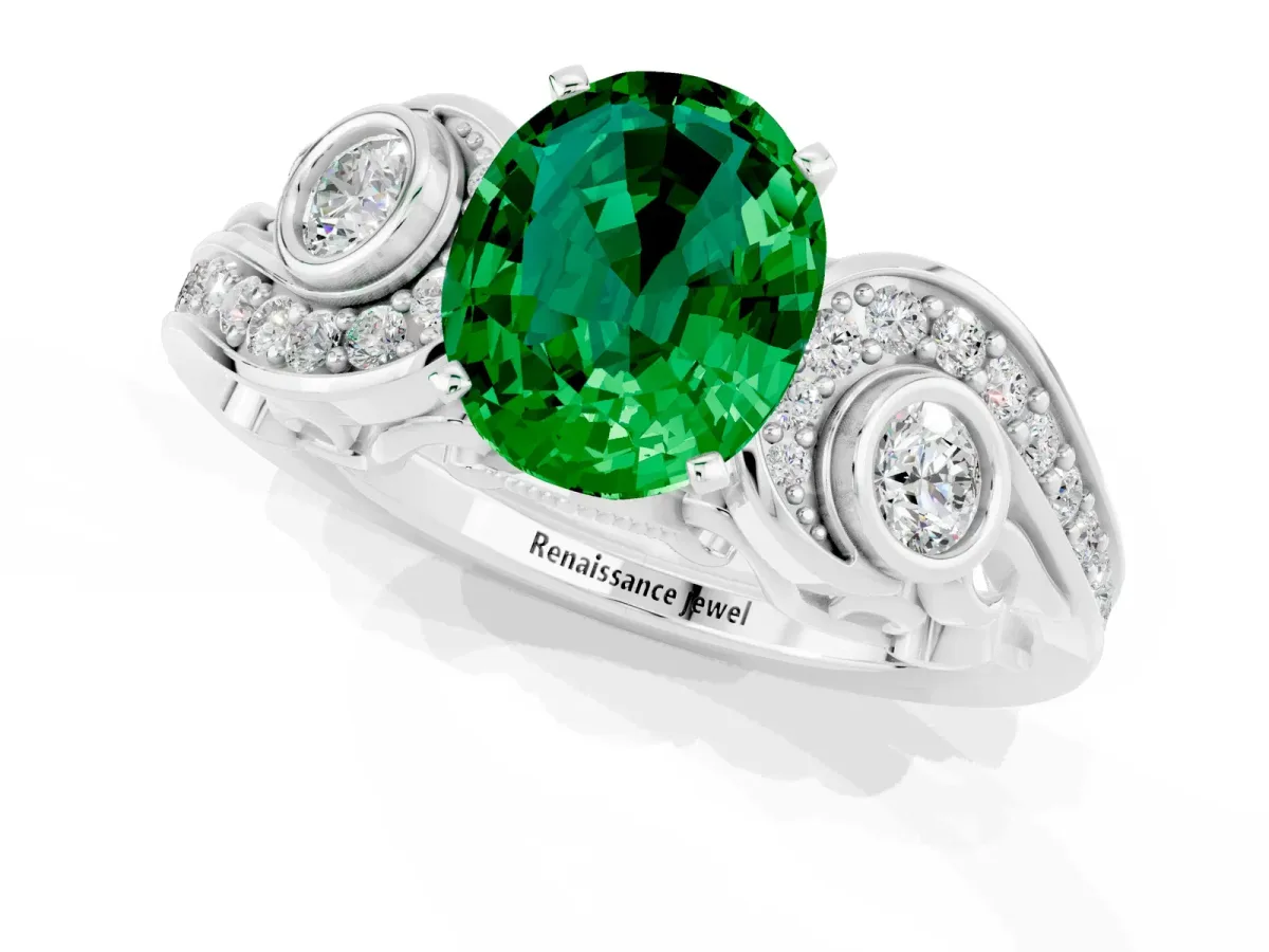Oval Cut Emerald Solitaire Ring with Milgrain Pavé Band and Four-Prong Setting Platinum