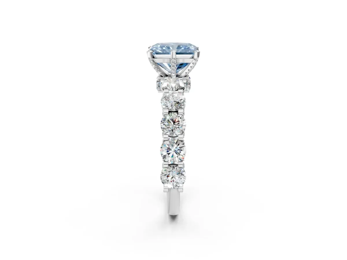 Fancy Blue Radiant Cut Diamond Side Stone Engagement Ring with Four-Prong Setting White gold