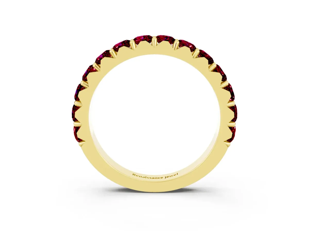 Round Garnet Half Eternity Band with Classic Prong Setting Yellow gold