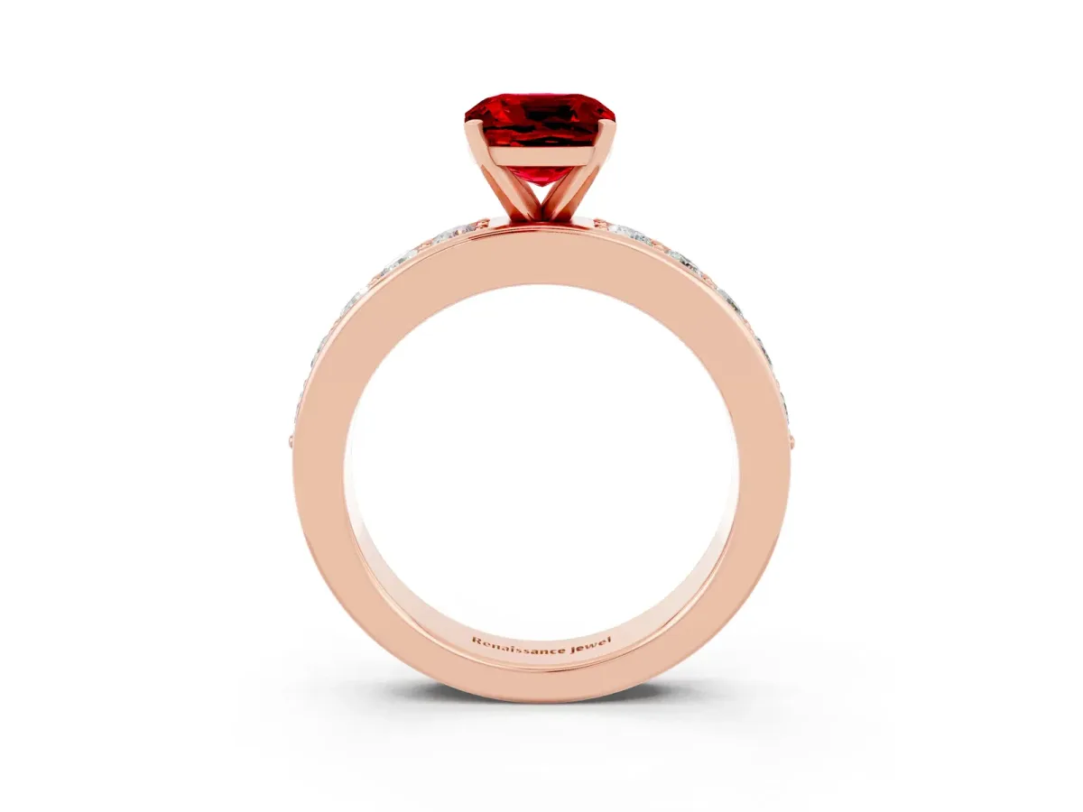 Cushion Cut Ruby Engagement Ring with Channel Set Round Band and Prong Setting Rose gold