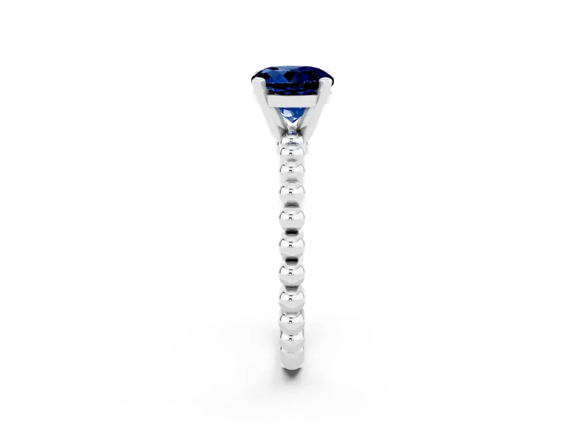 Round Cut Blue Sapphire Solitaire Ring with Beaded Band and Prong Setting Silver
