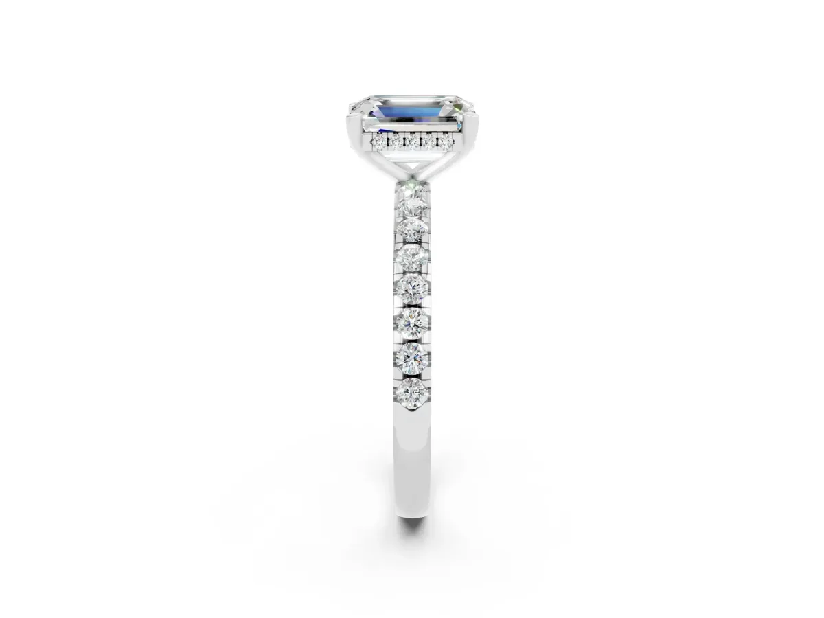 Emerald Cut Moissanite Solitaire Ring with Round Pavé Band and Four-Prong Setting Silver