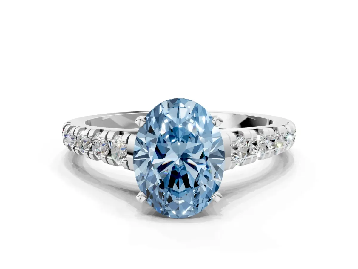 Fancy Blue Oval Cut Diamond Cathedral Solitaire Ring with Round Pavé Band Silver