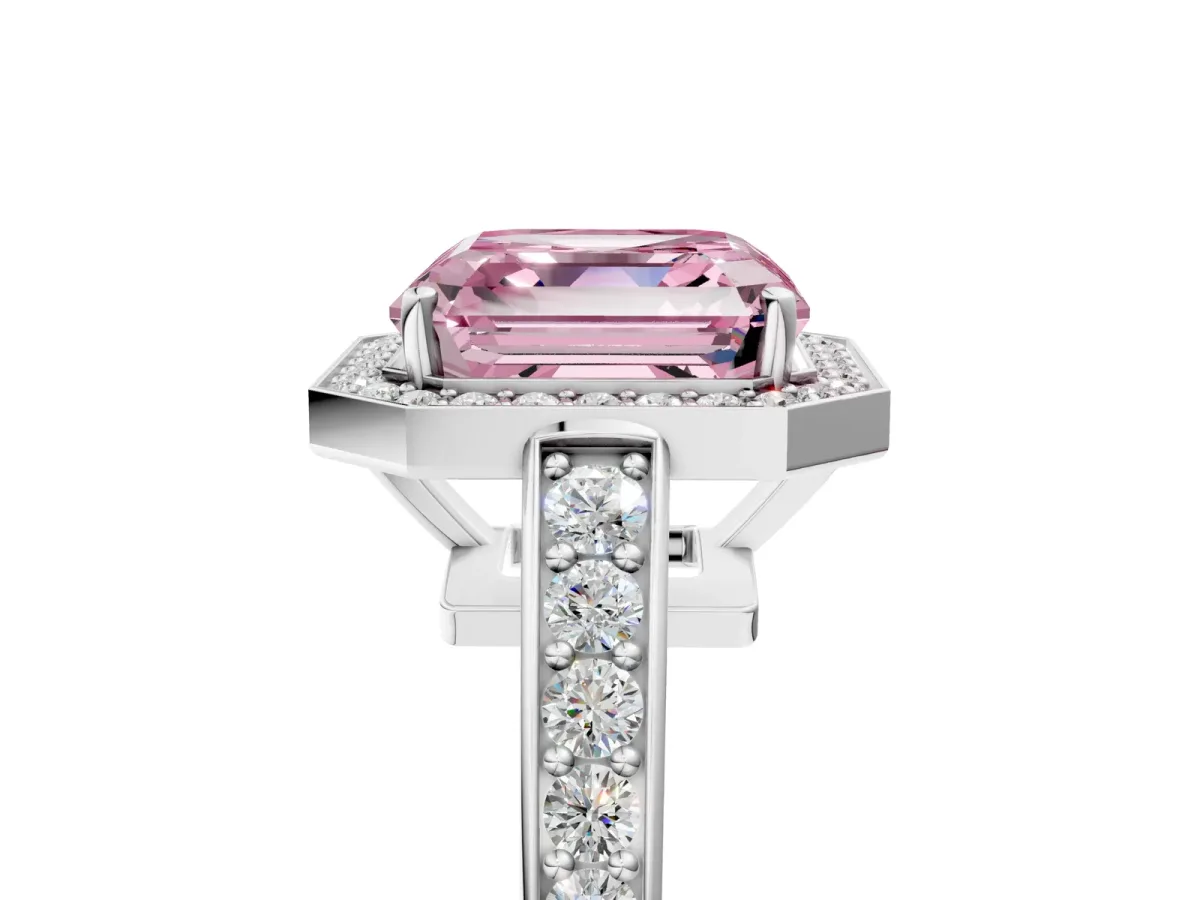Fancy Pink Asscher Cut Halo Pavé Diamond Engagement Ring with Bezel Setting Silver