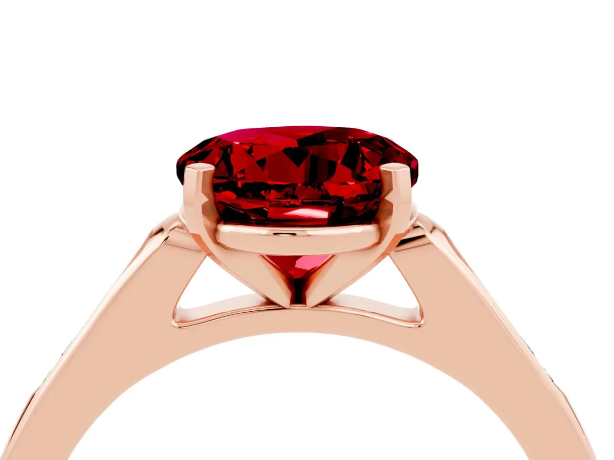 Round Cut Ruby Solitaire Ring with Channel Set Round Band and Prong Setting Rose gold